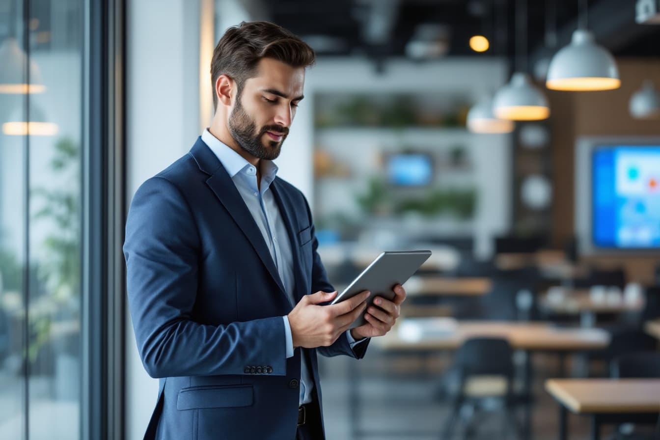 A business professional reviewing their work on a tablet in a bright, modern office